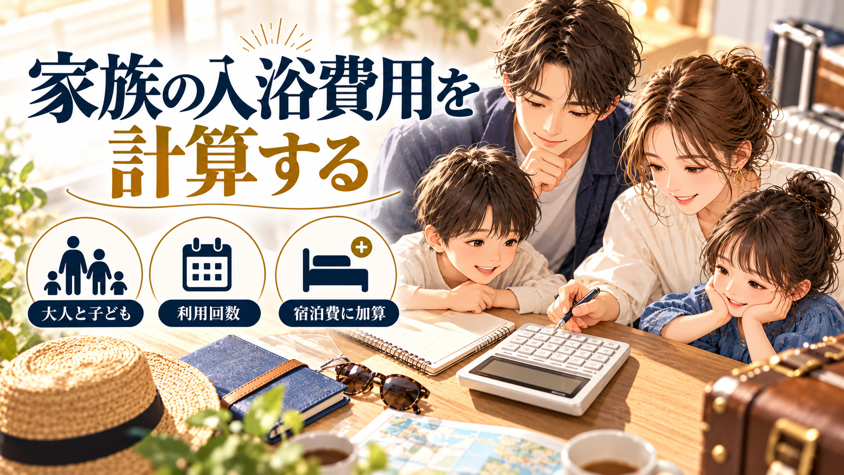 家族の入浴費用を計算するについて、大人と子ども・利用回数・宿泊費に加算を旅行用品やイラストで整理した図