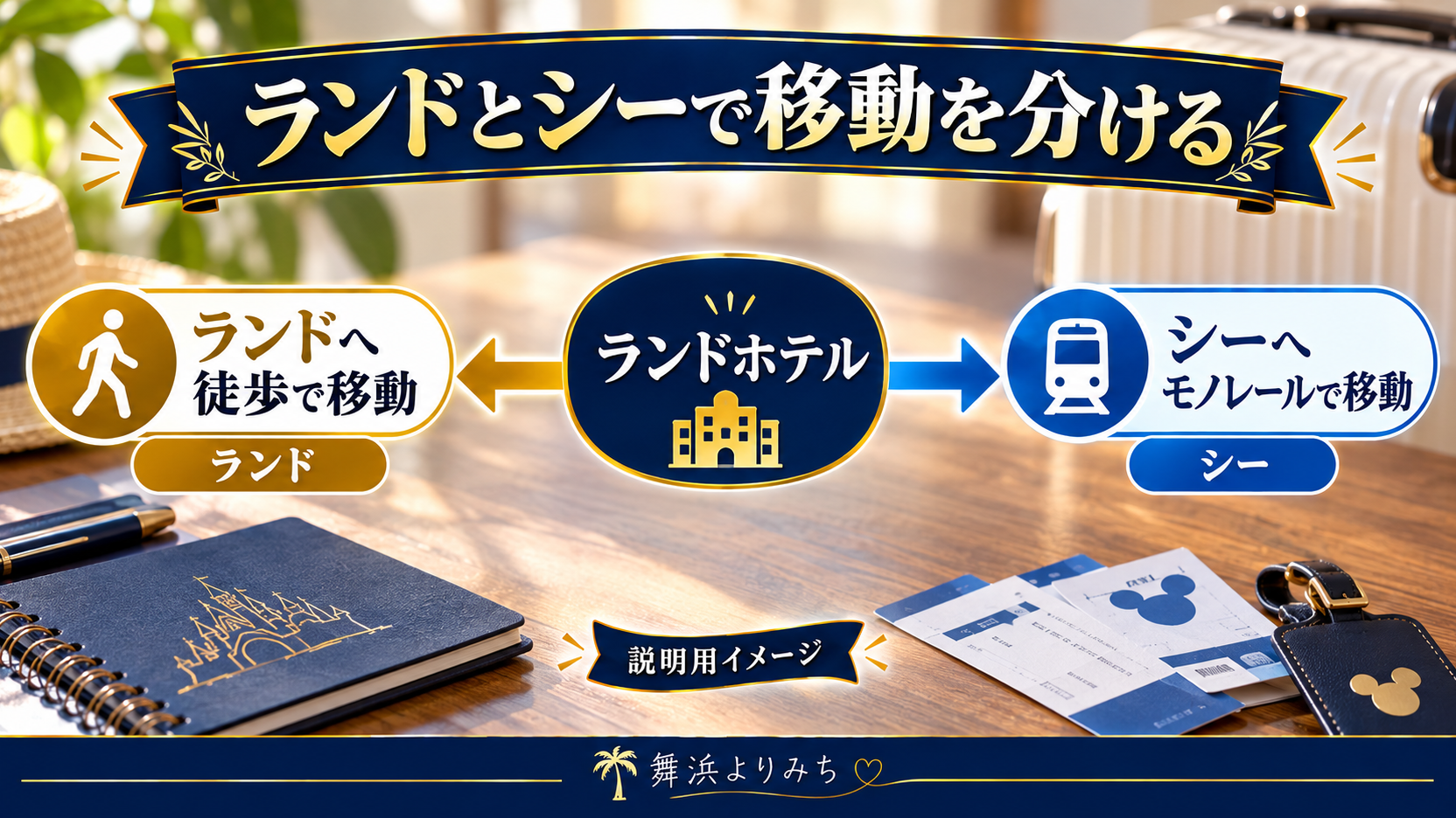 ランドホテルからランドへ徒歩、シーへモノレールで移動することを示す概念図