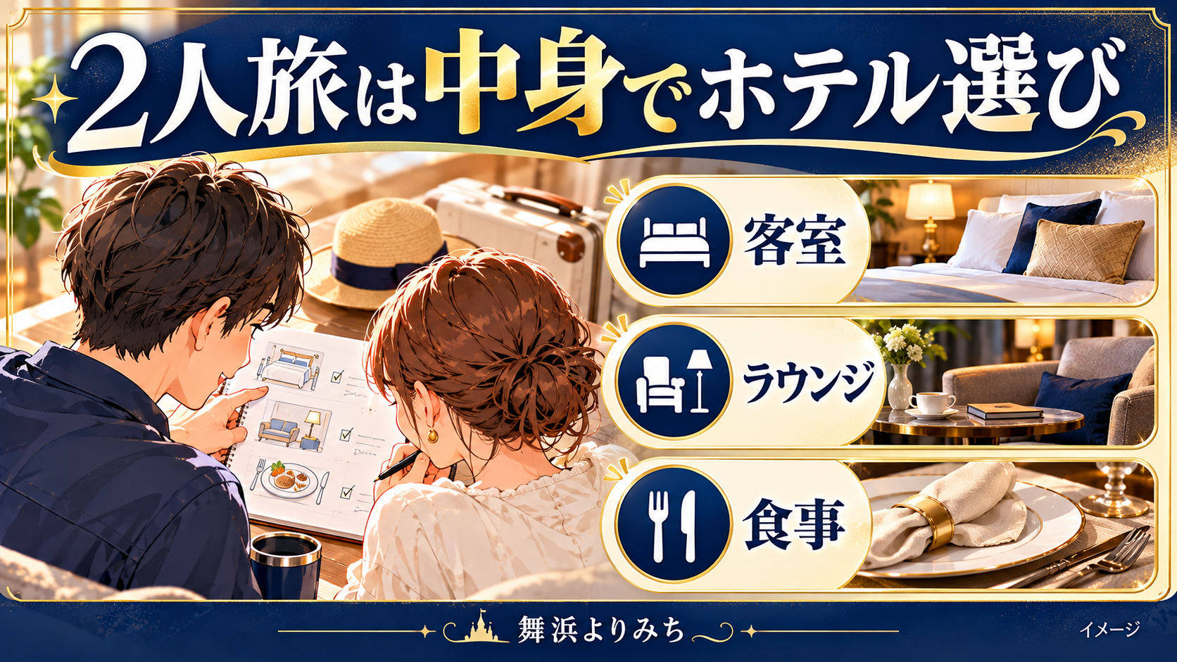 2人旅は中身でホテル選びについて、客室・ラウンジ・食事を示す図解