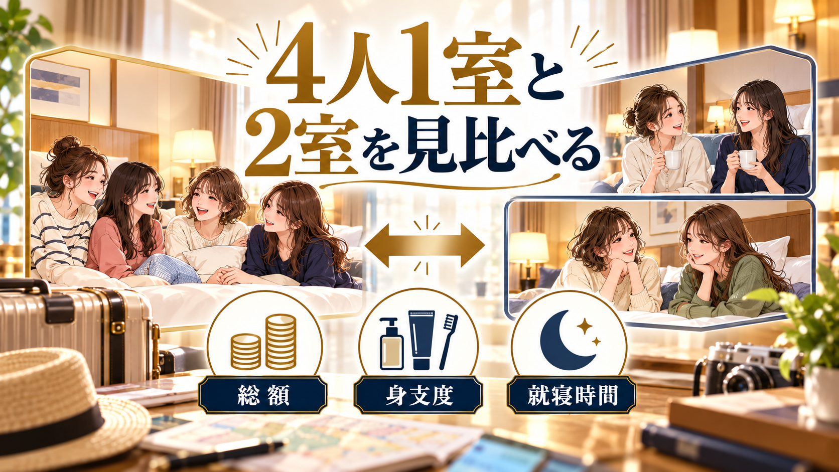 4人1室と2室を見比べるについて、総額・身支度・就寝時間を旅行用品やイラストで整理した図