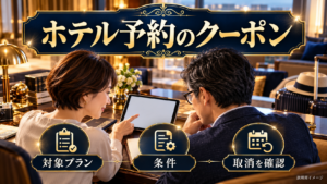 ホテル予約のクーポンについて、対象プラン・条件・取消を確認を旅行の写真と文字で整理した説明用イメージ