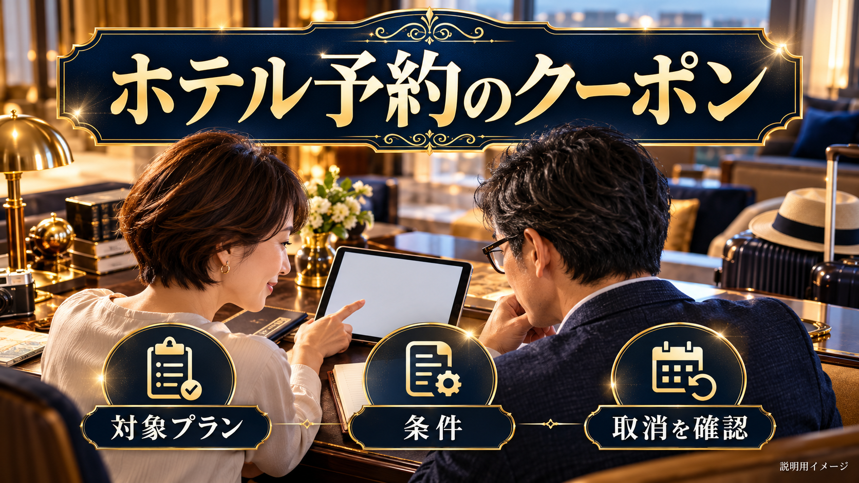 ホテル予約のクーポンについて、対象プラン・条件・取消を確認を旅行の写真と文字で整理した説明用イメージ