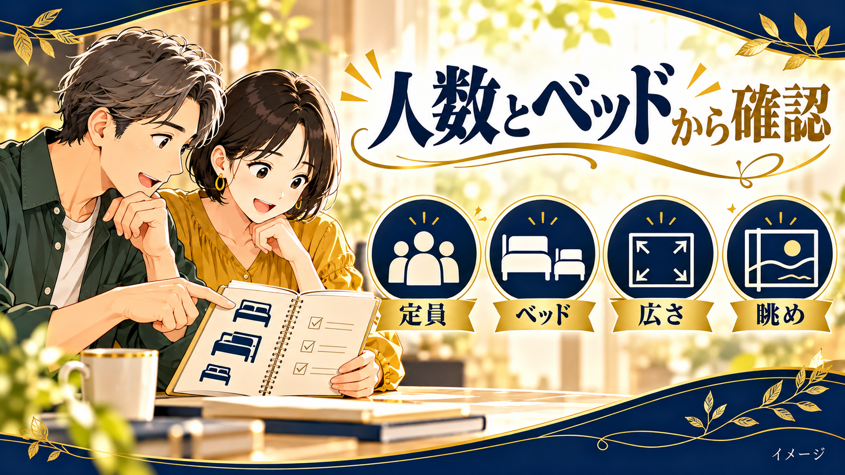 定員とベッド、広さ、眺めを確認する男女