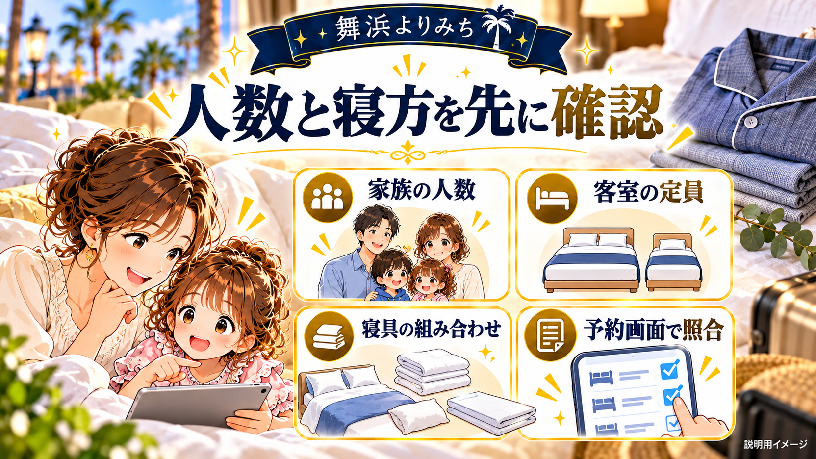 家族の人数と客室の定員、寝具の組み合わせを予約画面で照合する模式図