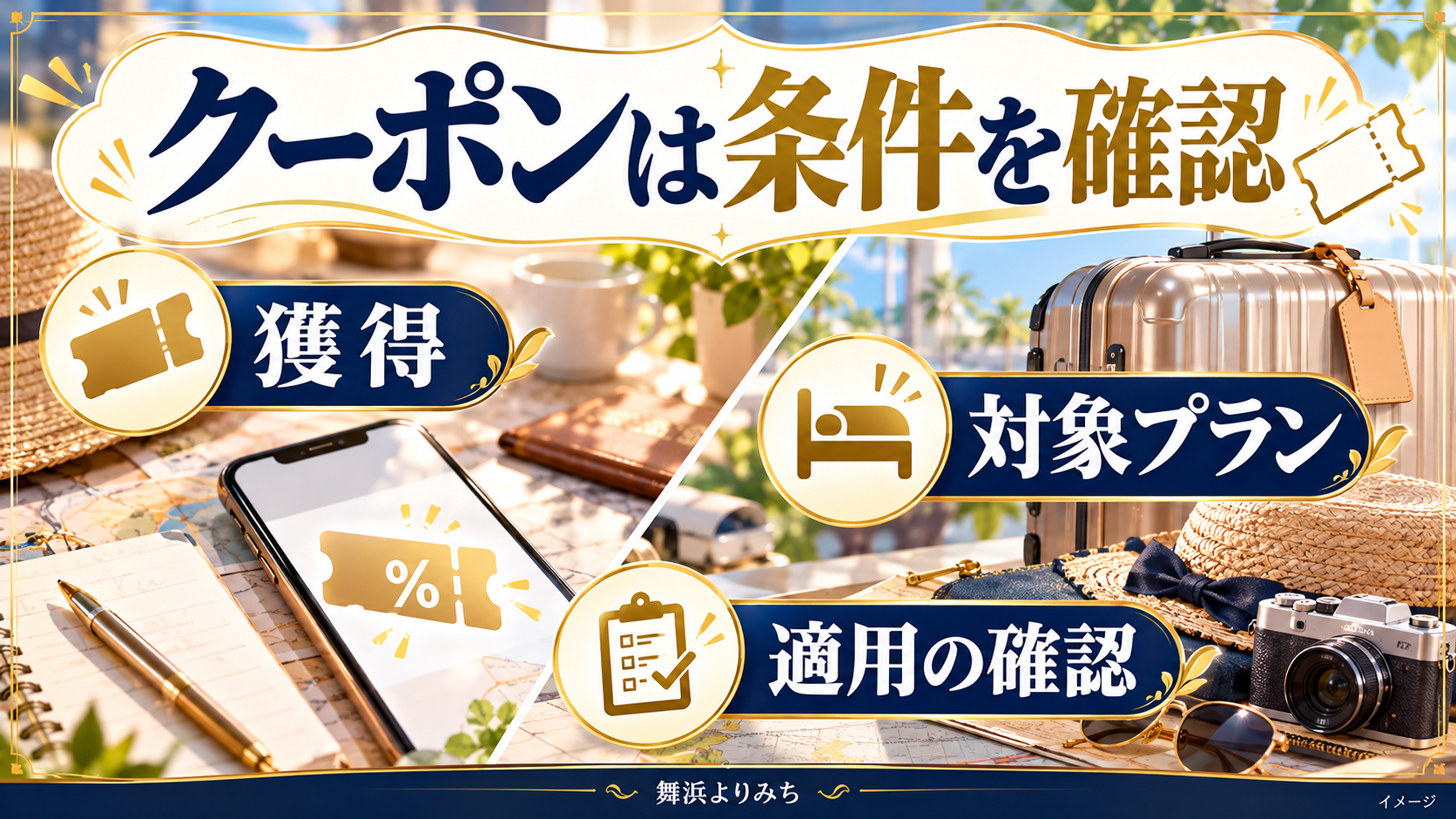 クーポンは条件を確認について、獲得・対象プラン・適用の確認を示す図解