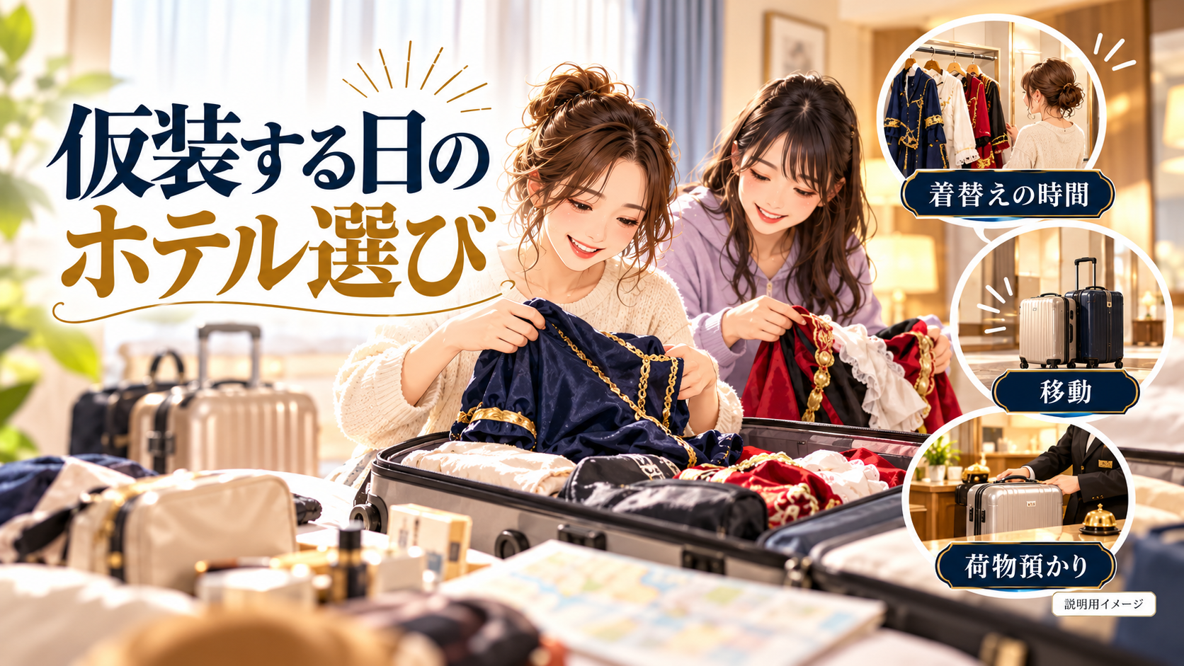 仮装する日のホテル選びについて、着替えの時間・移動・荷物預かりを旅行用品やイラストで整理した図