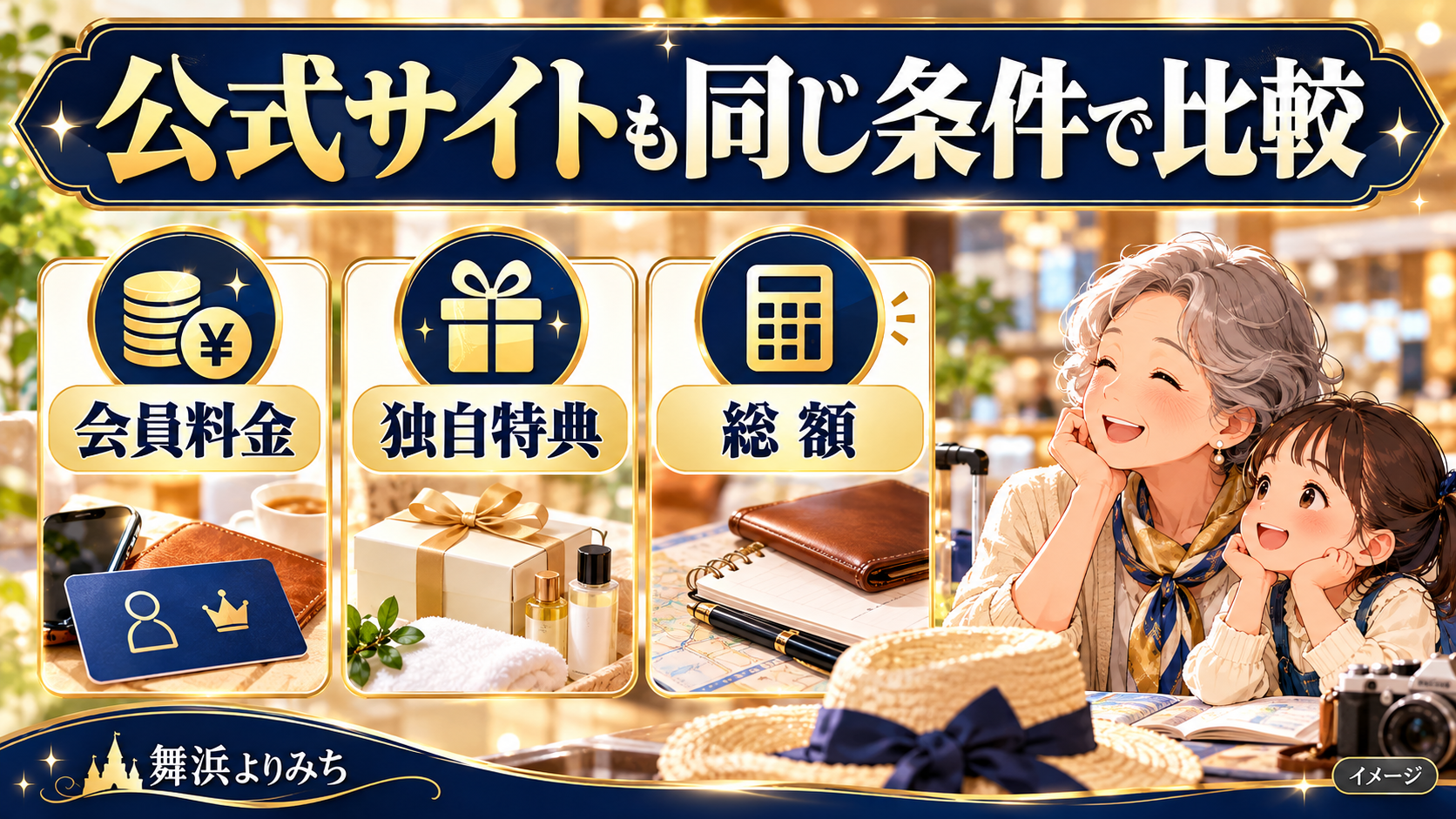 公式サイトも同じ条件で比較について、会員料金・独自特典・総額を示す図解