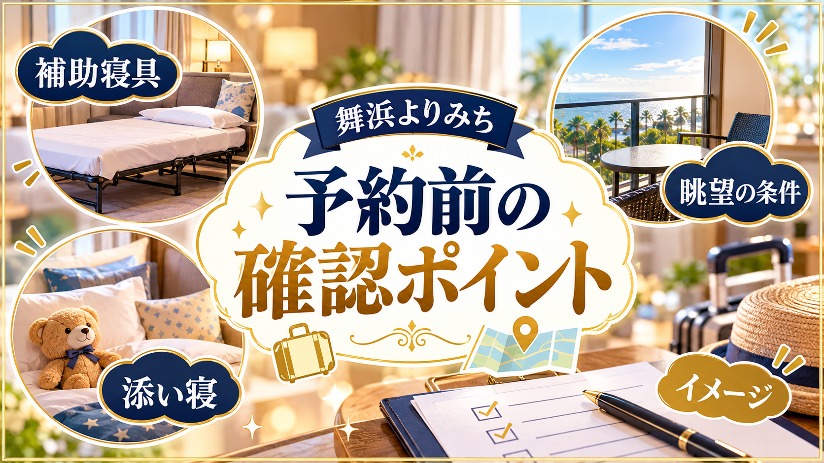 予約前の確認ポイントについて、補助寝具・添い寝・眺望の条件を整理した図解