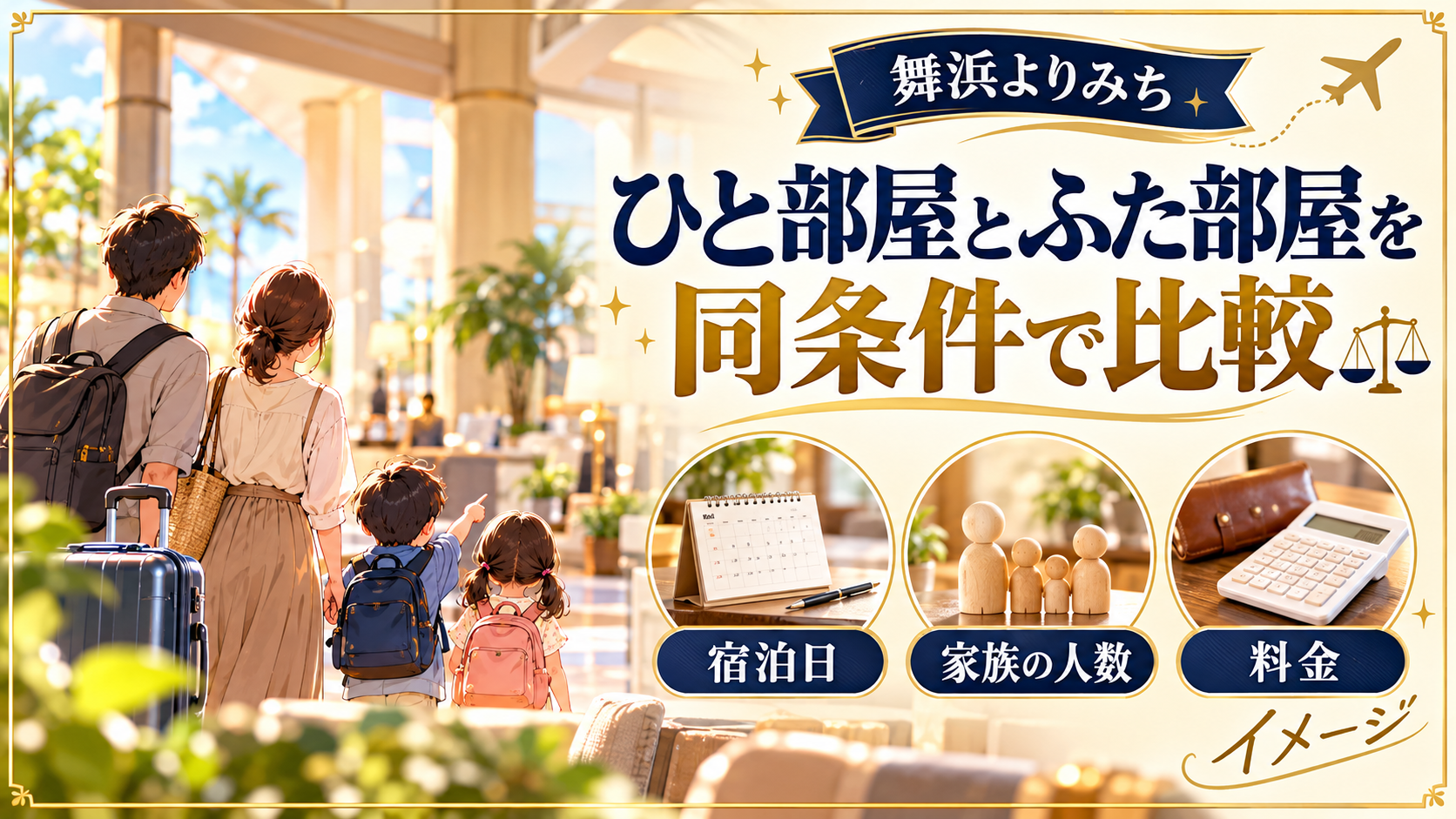 ひと部屋とふた部屋を同条件で比較について、宿泊日・家族の人数・料金を整理した図解