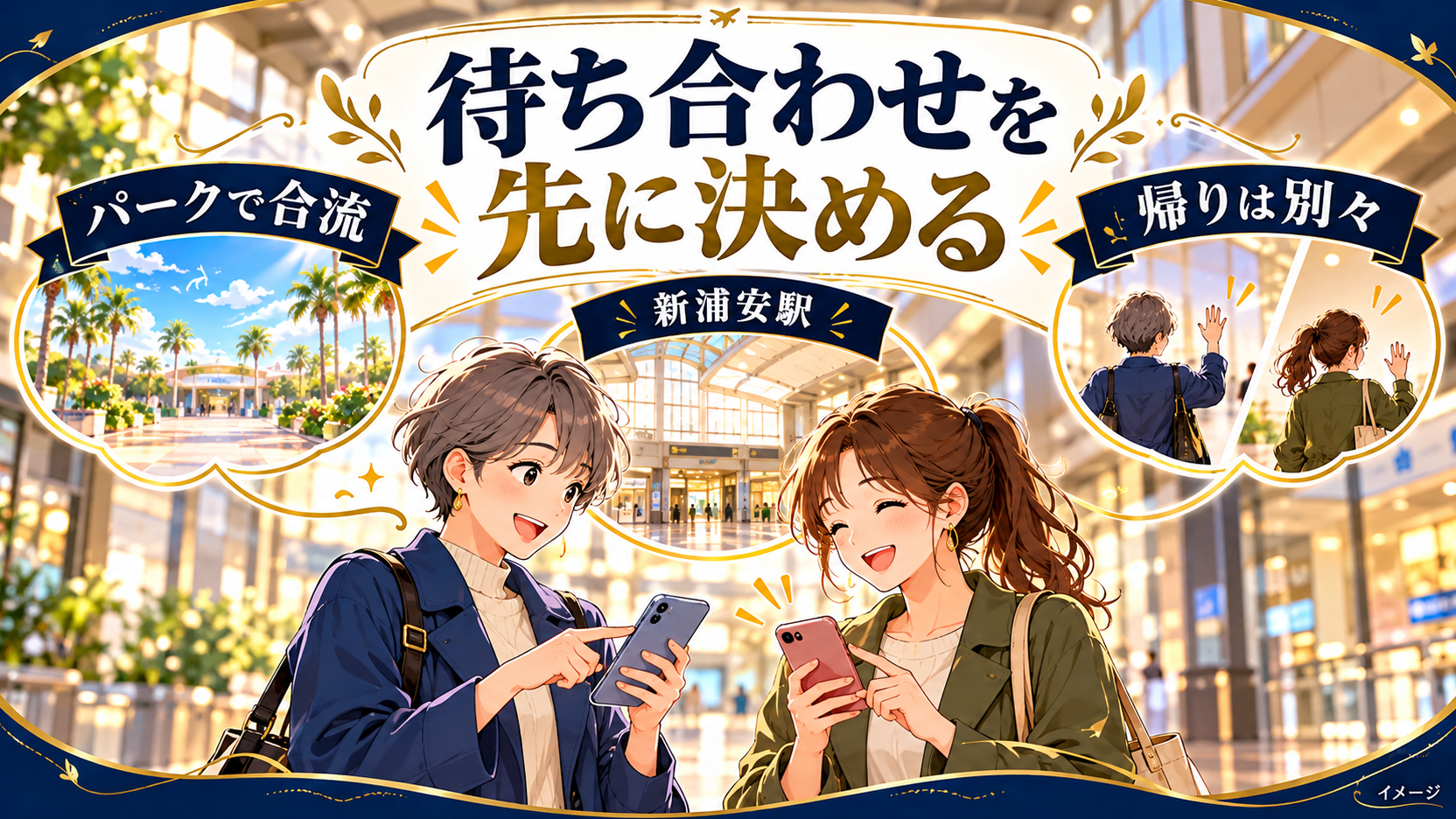 パークや新浦安駅での合流と帰りの動きを相談する女性たち