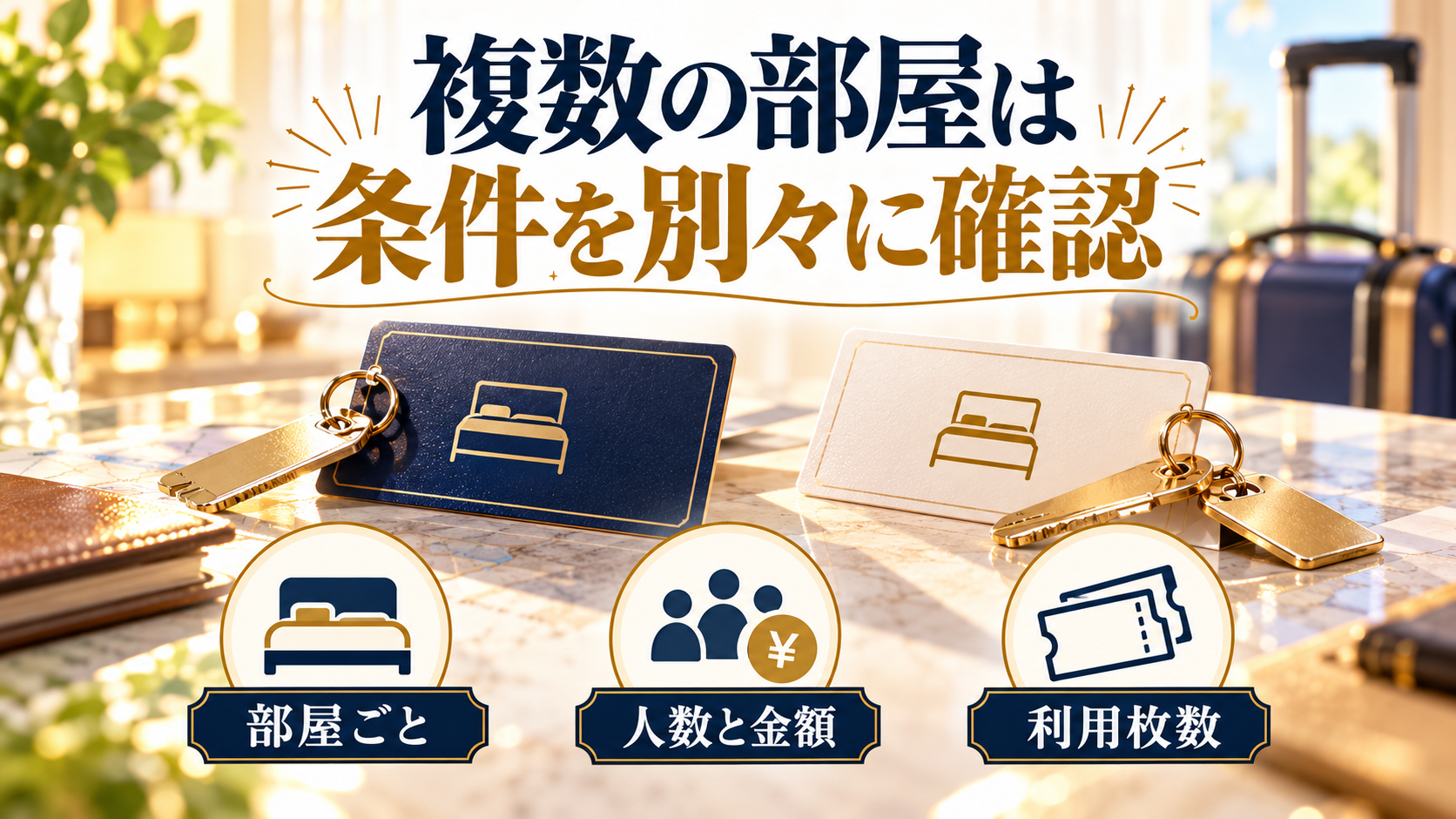 複数の部屋は条件を別々に確認について、部屋ごと・人数と金額・利用枚数を旅行用品やイラストで整理した図