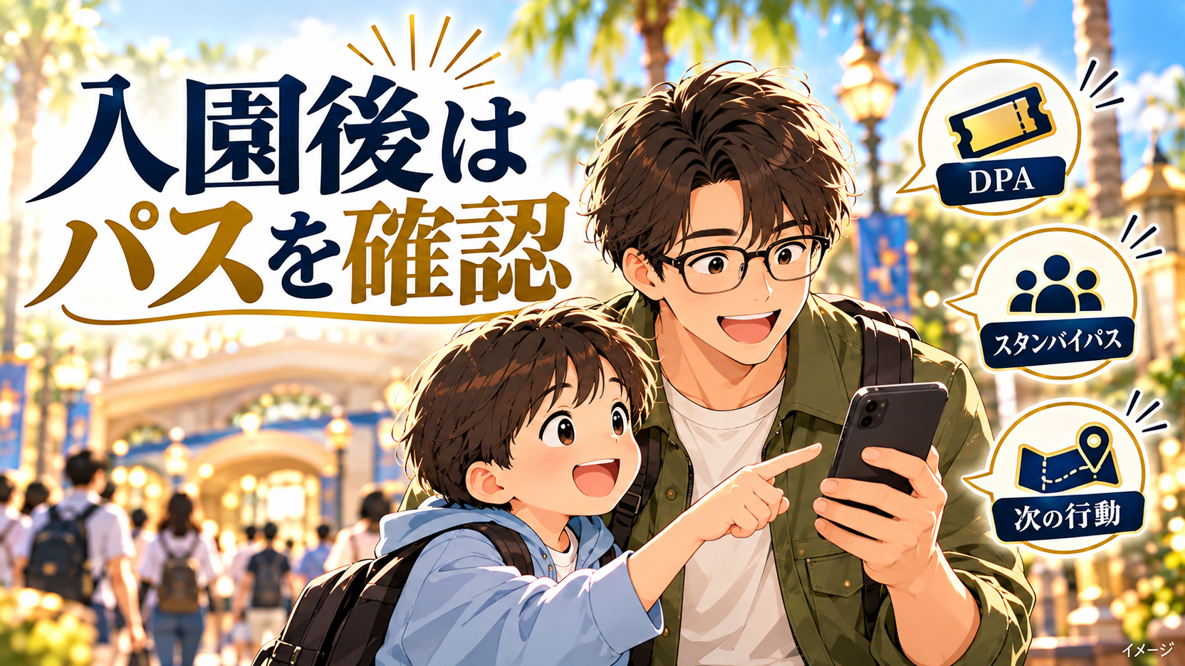 スマートフォンを見る父子と、DPAやスタンバイパス、次の行動の確認項目。