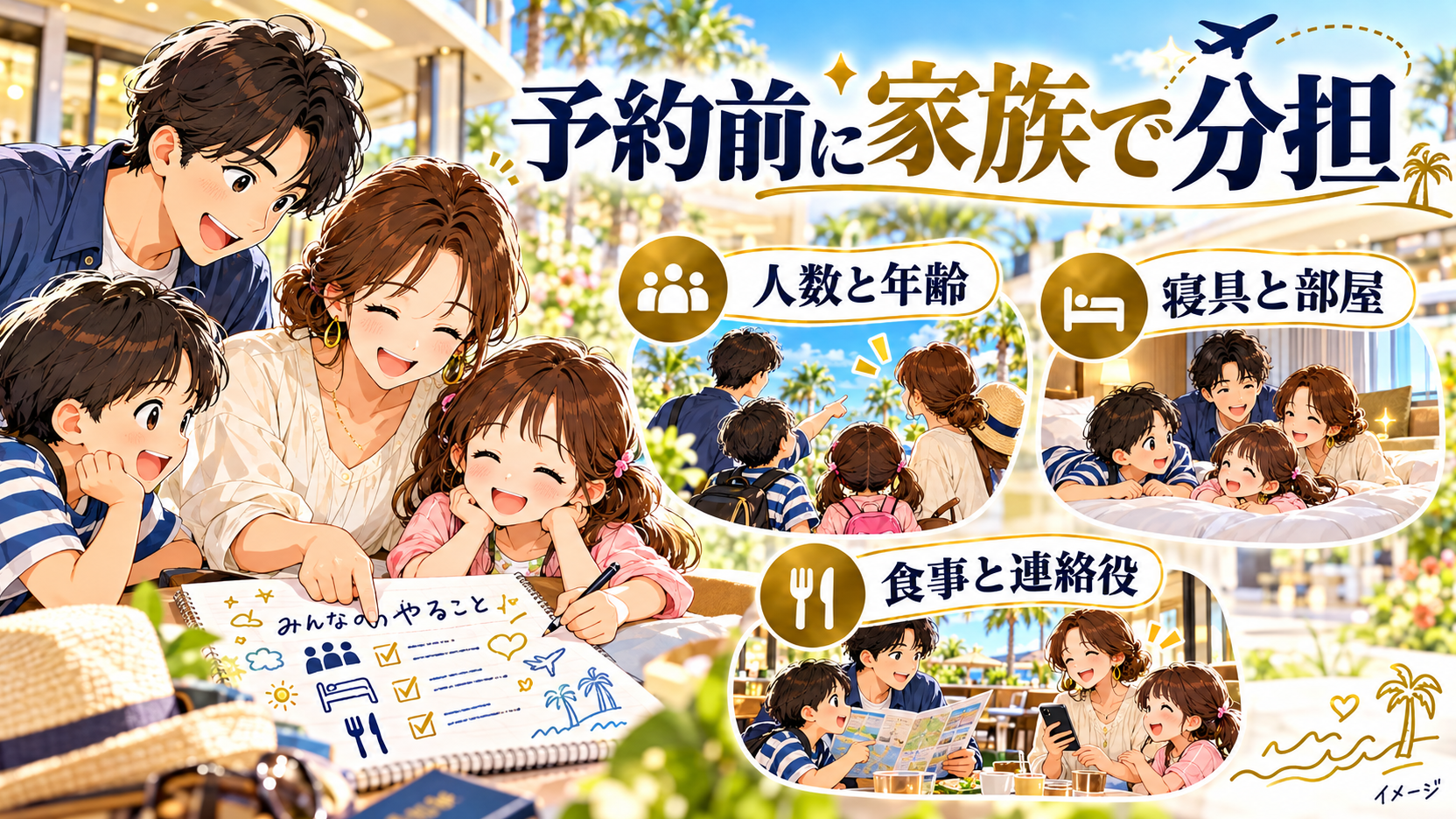 家族がメモを囲み、人数と年齢、寝具と部屋、食事と連絡役を相談するイメージ。