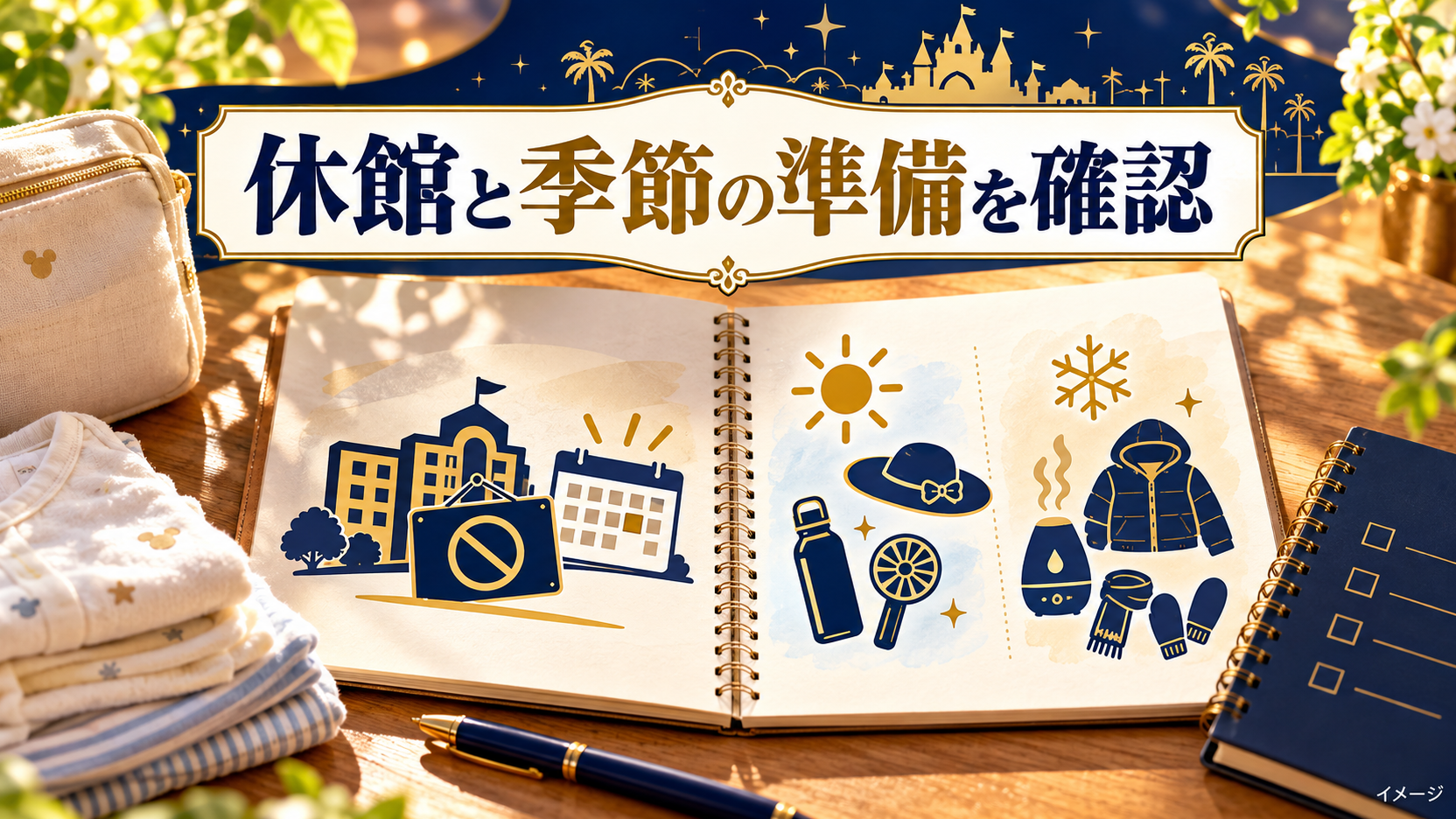 開いたノートと赤ちゃんの衣類とおむつ用ポーチで選び方を整理する比較イメージ