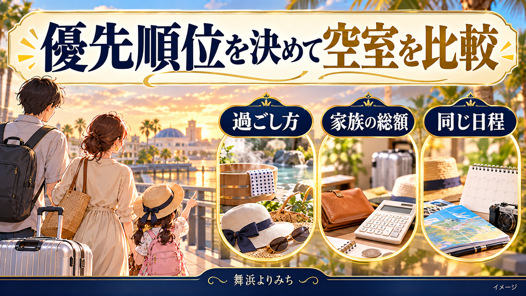 優先順位を決めて空室を比較について、過ごし方・家族の総額・同じ日程を示す図解
