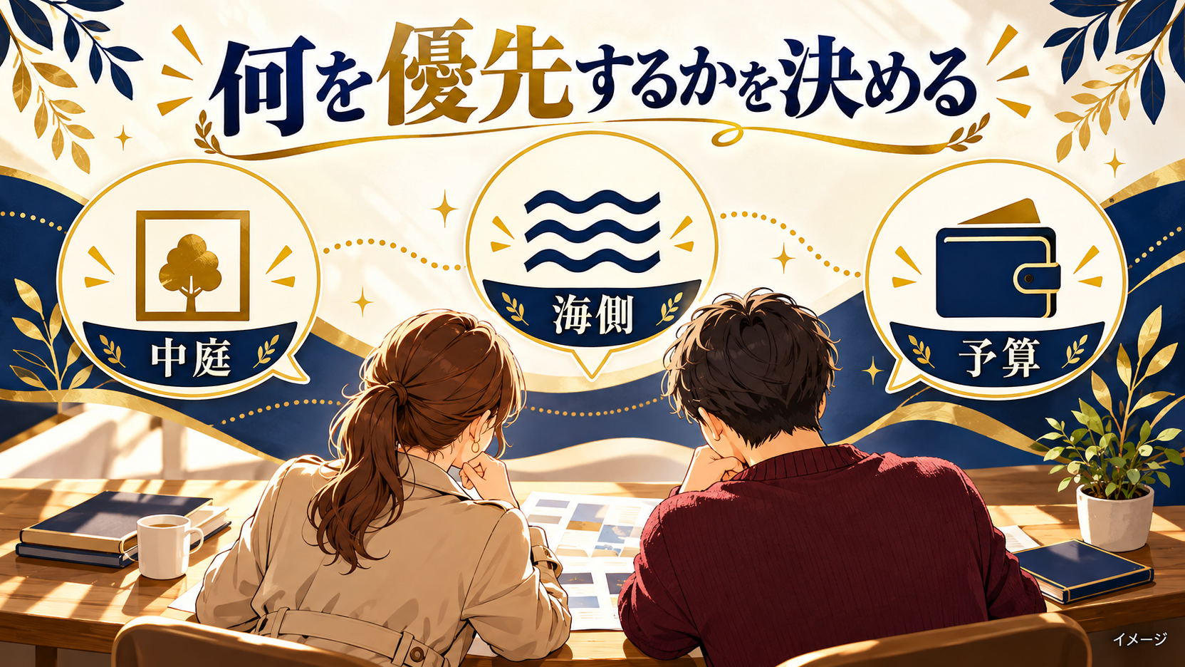 中庭、海側、予算から優先したい条件を相談する男女
