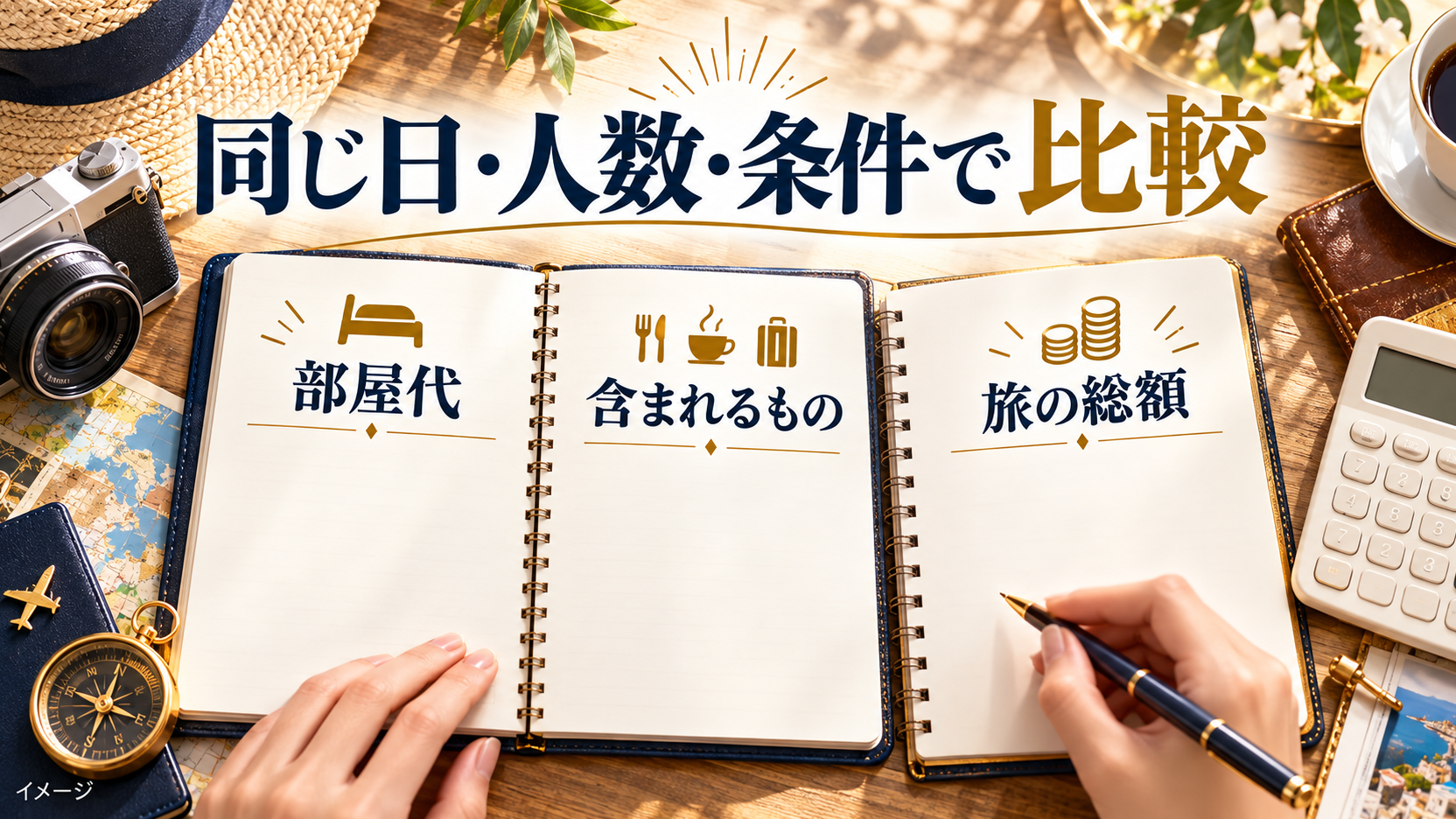 旅行手帳と電卓で、部屋代、含まれるもの、旅の総額を同じ条件で比べるイメージ。