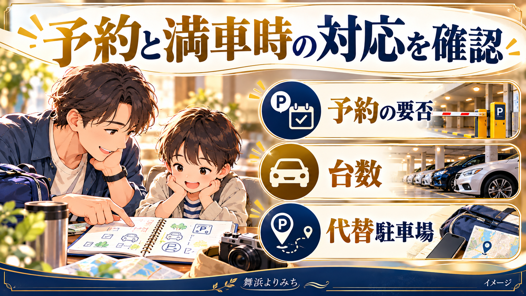 予約と満車時の対応を確認について、予約の要否・台数・代替駐車場を示す図解