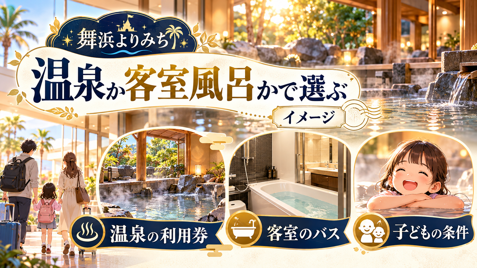 温泉か客室風呂かで選ぶについて、温泉の利用券・客室のバス・子どもの条件を整理した図解
