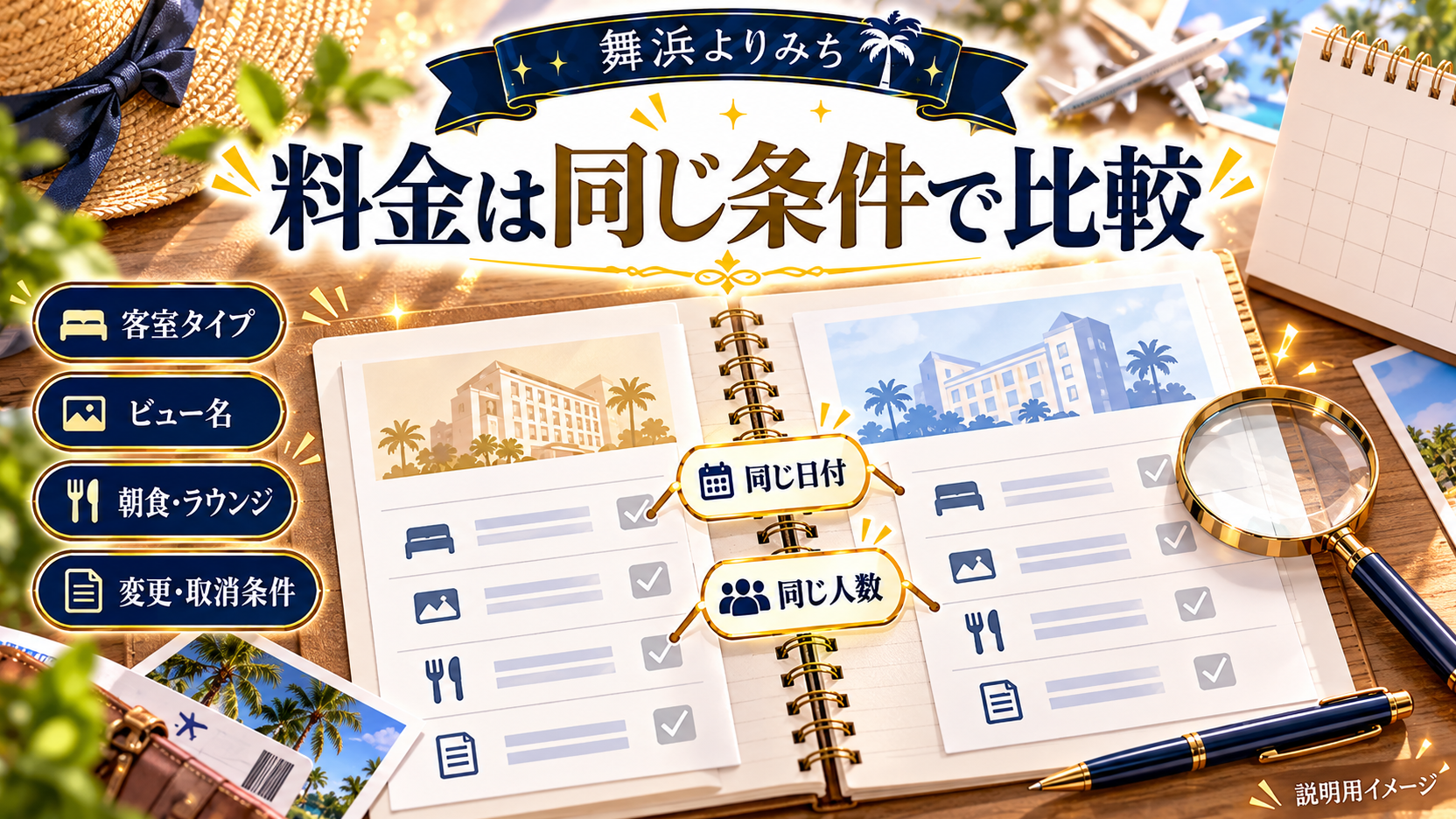 同じ日付と人数で客室、ビュー、朝食やラウンジ、変更や取消の条件を比較する予約ノート