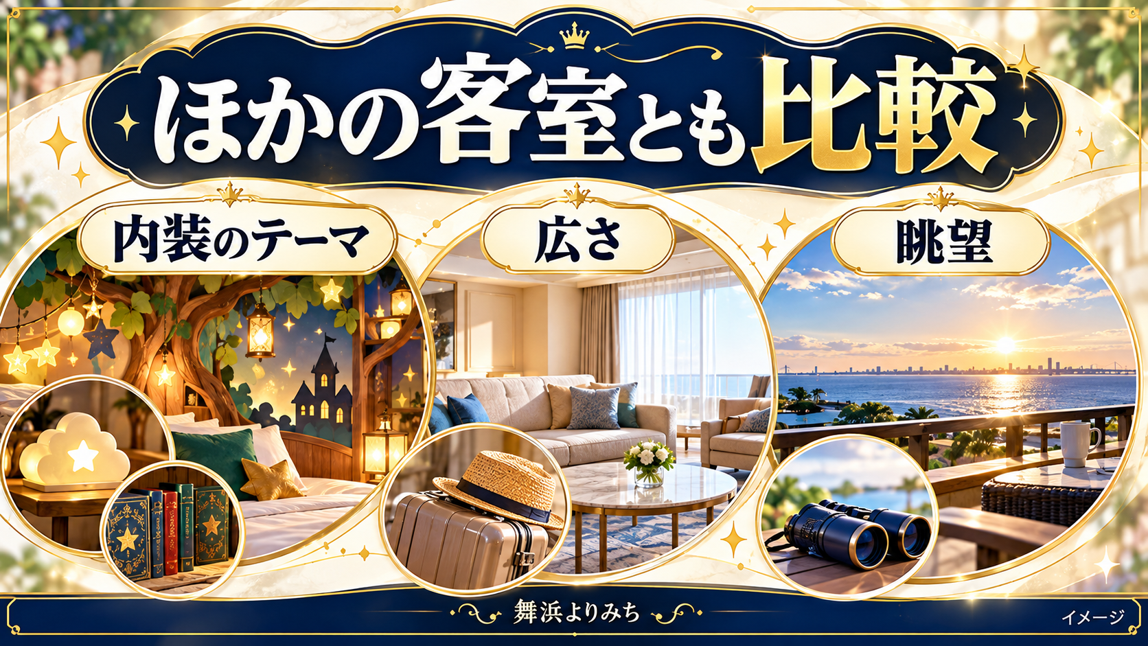 ほかの客室とも比較について、内装のテーマ・広さ・眺望を示す図解