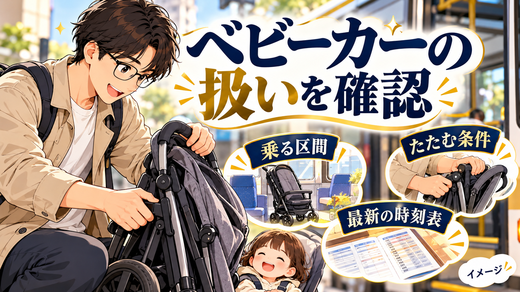 乗る区間と折りたたみ条件、時刻表を確認するベビーカーのイメージ