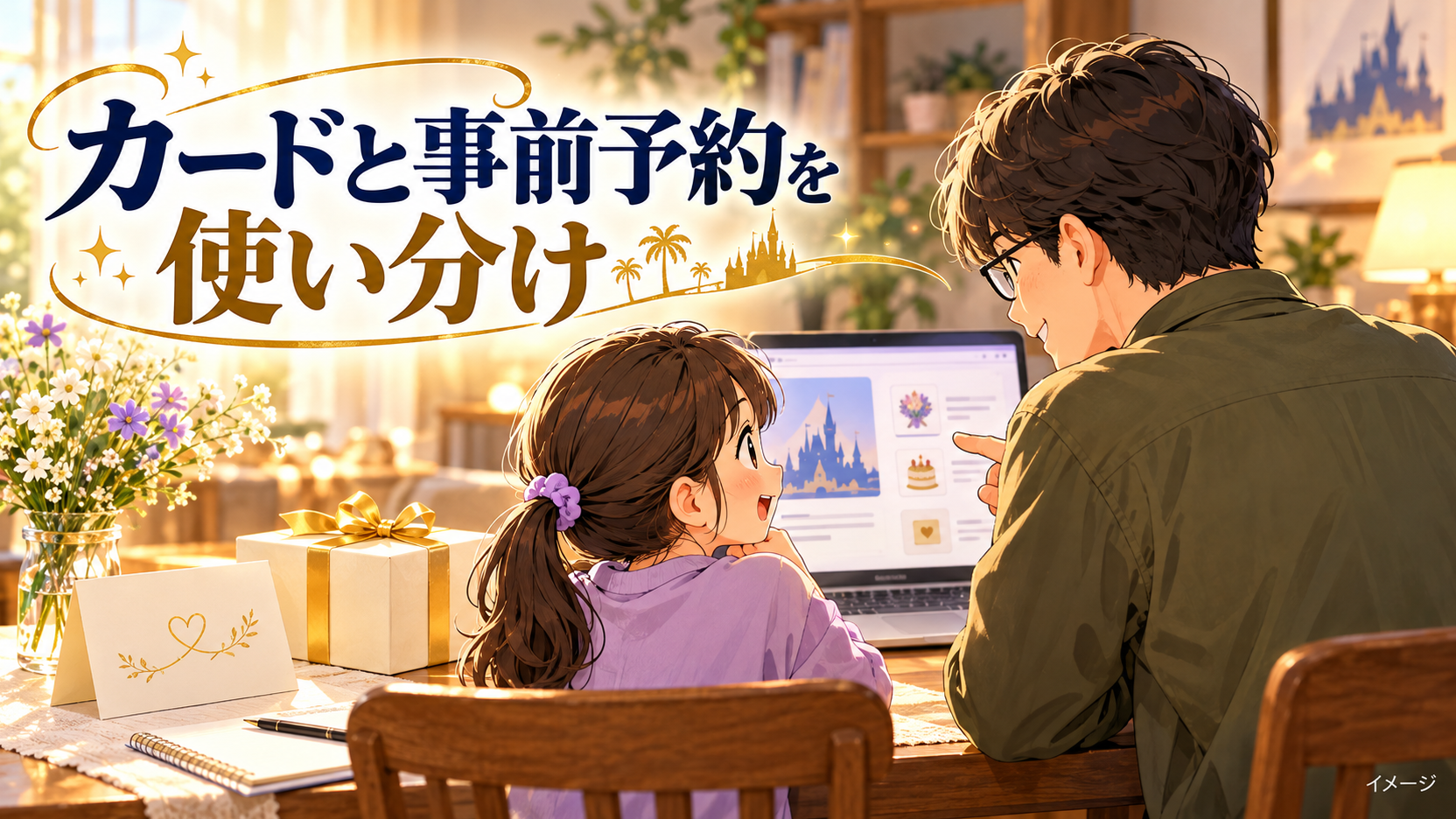 父親と子どもが花とお祝いカードを使いながら予定を相談するイメージ