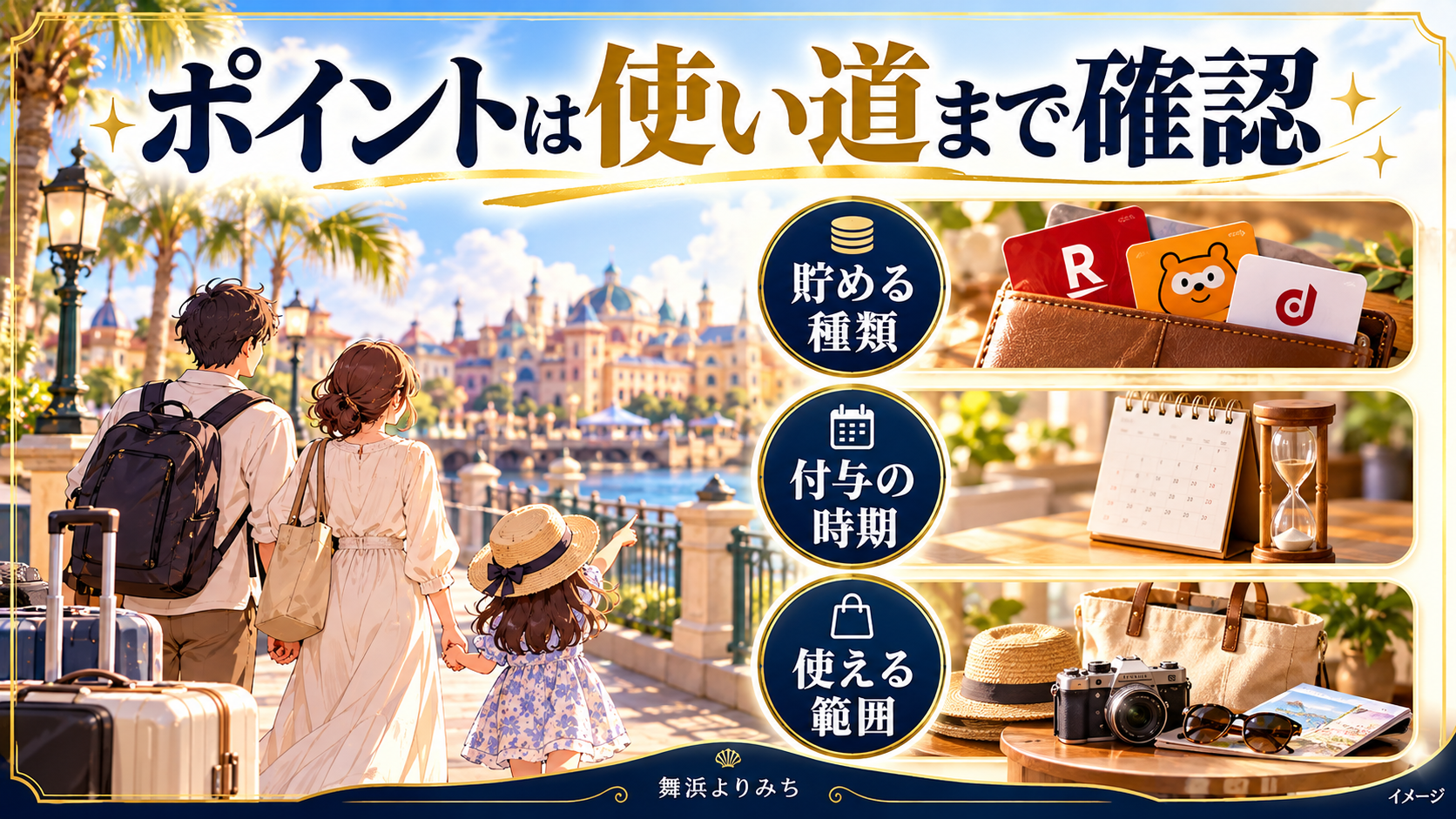 ポイントは使い道まで確認について、貯める種類・付与の時期・使える範囲を示す図解