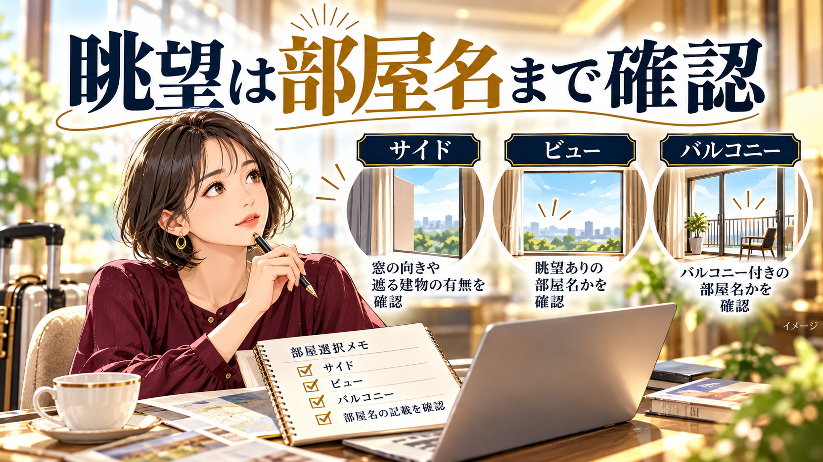 部屋選びのメモを見る女性と、サイド、ビュー、バルコニーの表記を確認する項目。