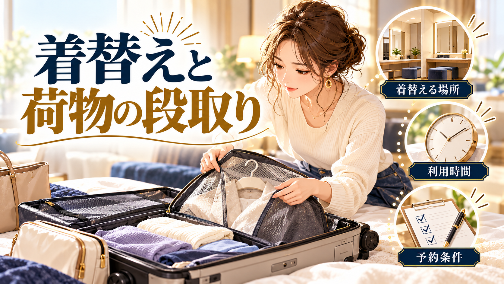 着替えと荷物の段取りについて、着替える場所・利用時間・予約条件を旅行用品やイラストで整理した図