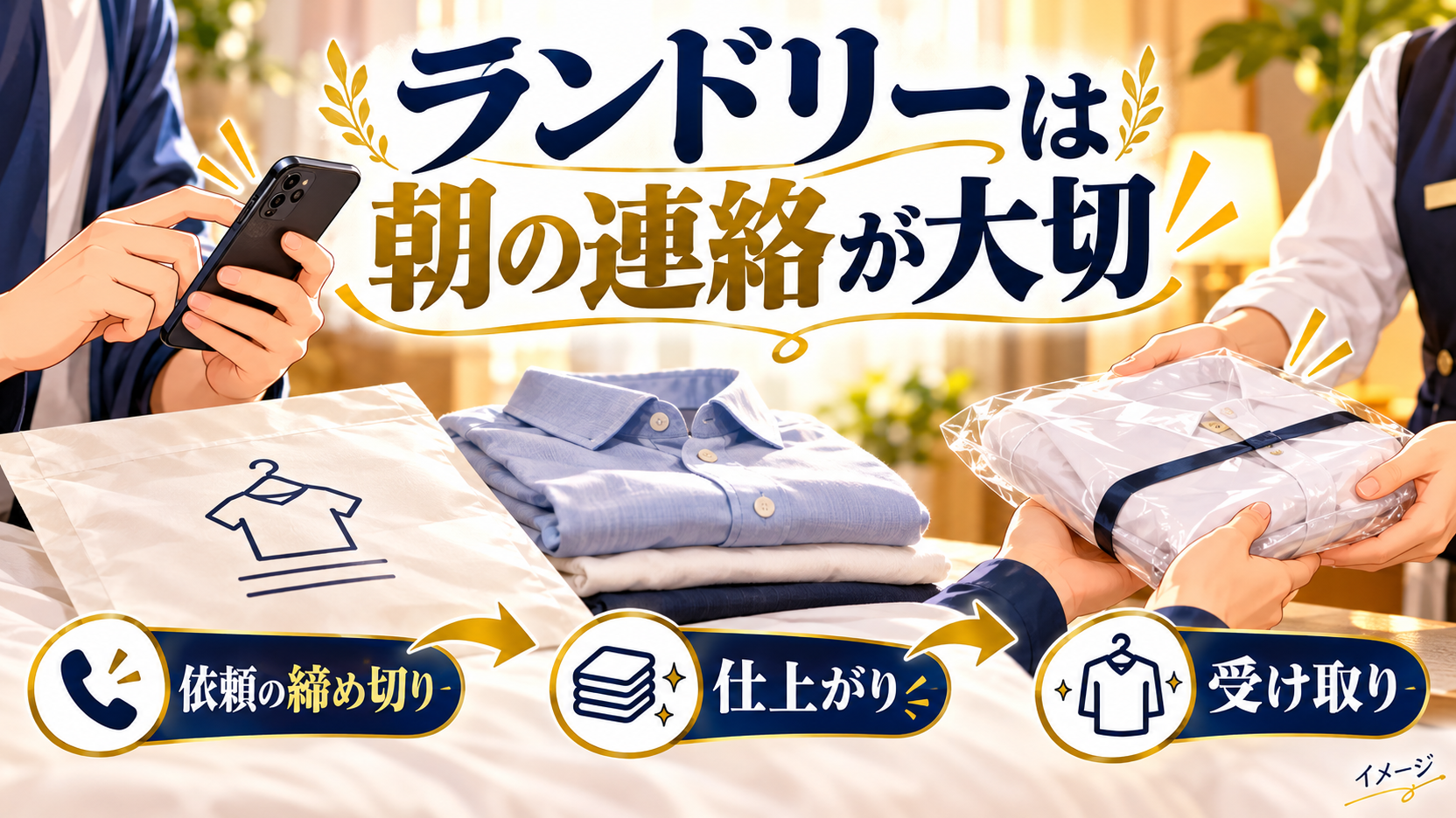 ランドリーの依頼締め切りと仕上がり、受け取りを確認するイメージ