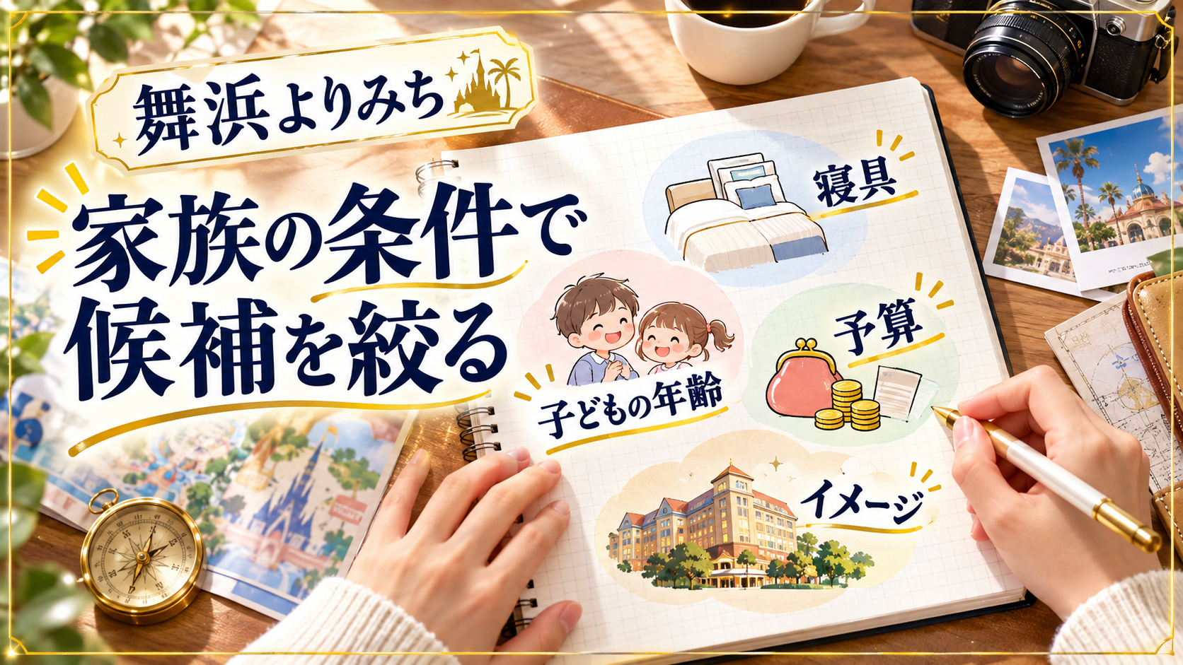 家族の条件で候補を絞るについて、寝具・子どもの年齢・予算を整理した図解