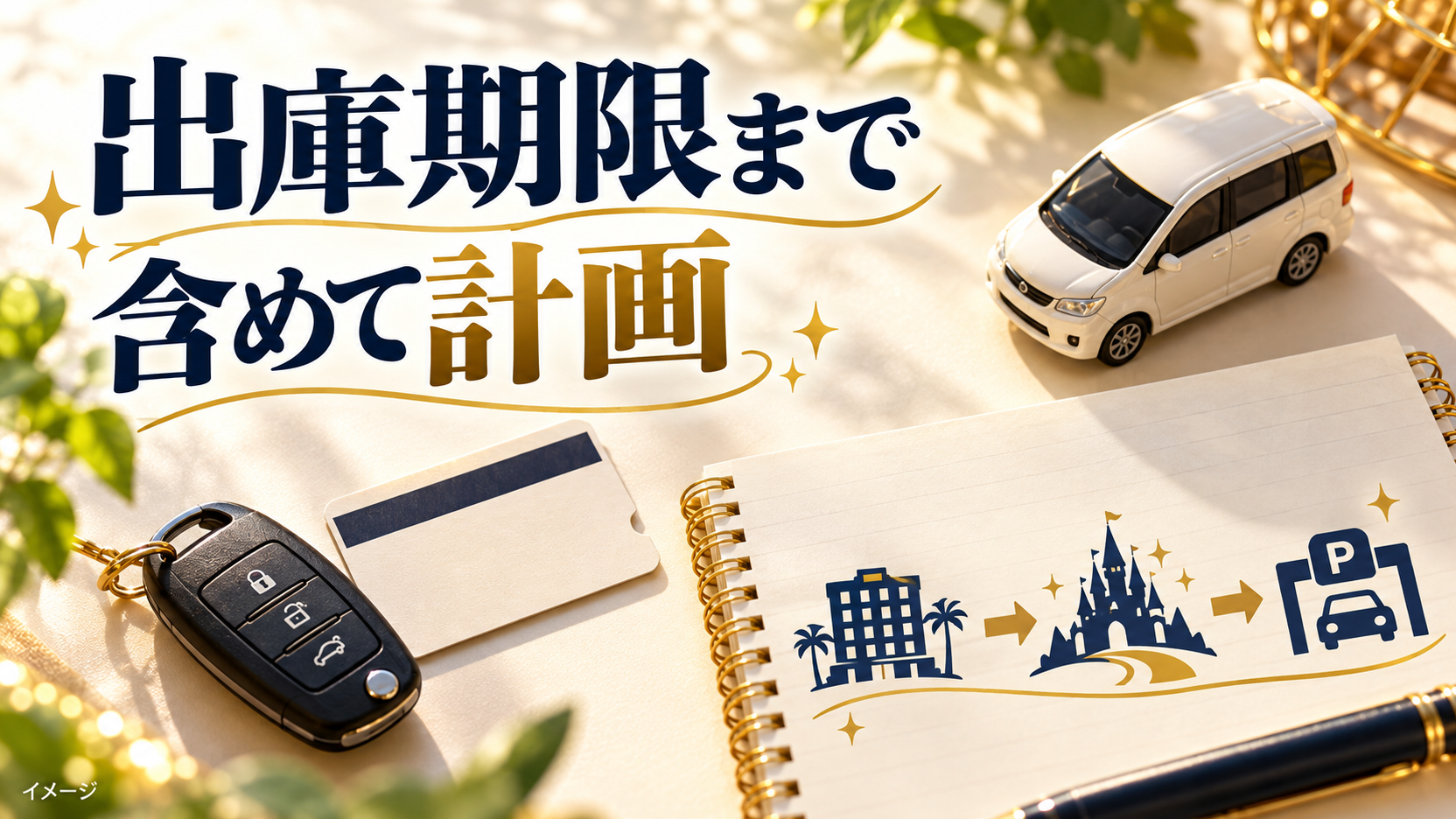 机の上に並べた車の鍵と駐車券を使って利用前の確認点を示すイメージ