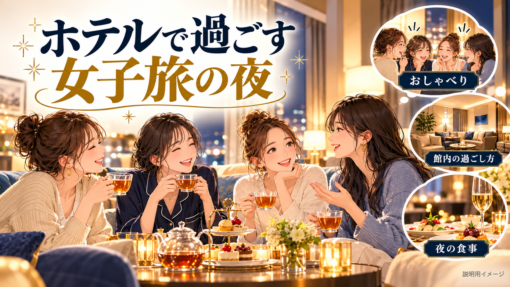 ホテルで過ごす女子旅の夜について、おしゃべり・館内の過ごし方・夜の食事を旅行用品やイラストで整理した図