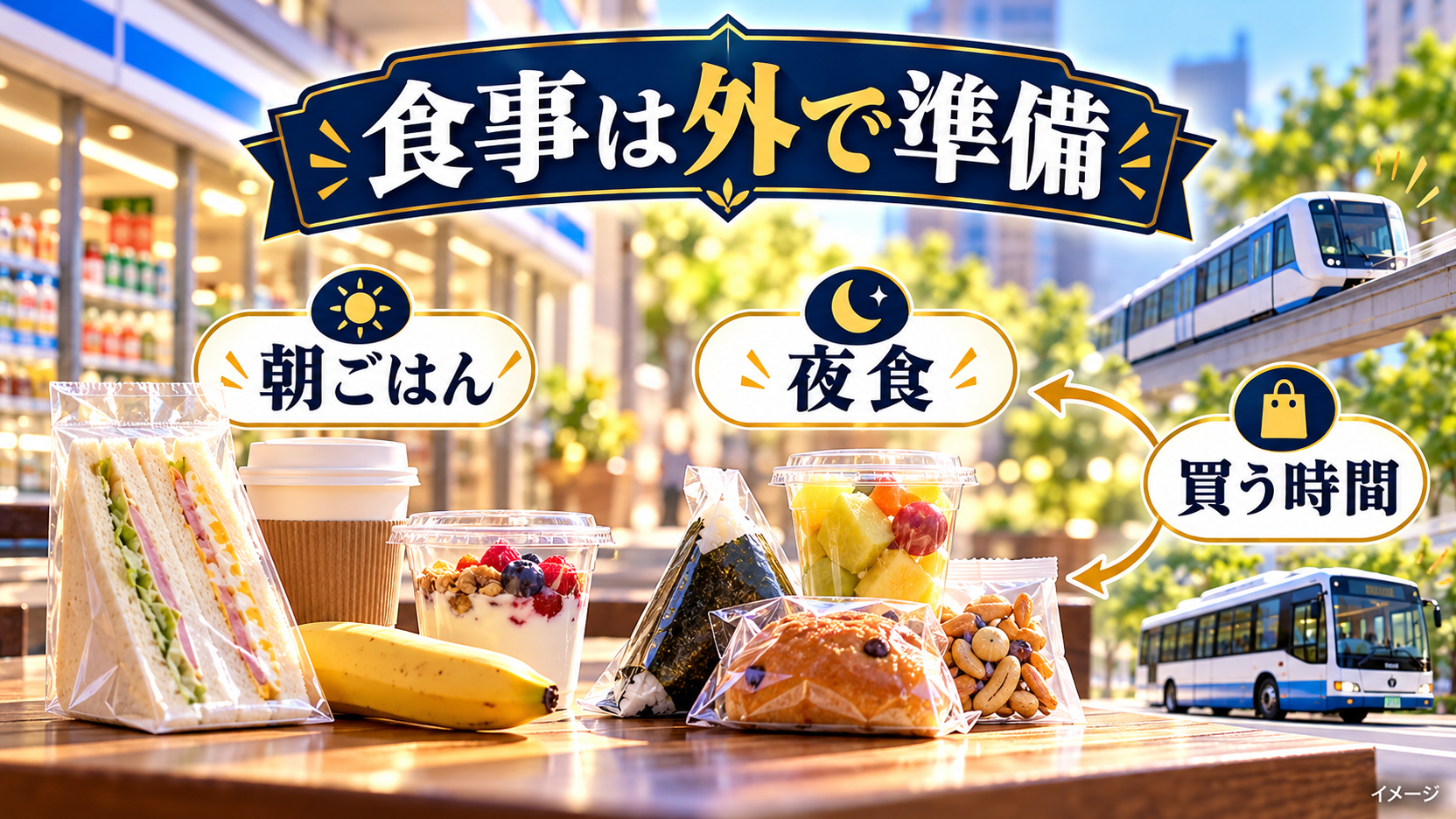 朝ごはんと夜食を外で用意する食品のイメージ