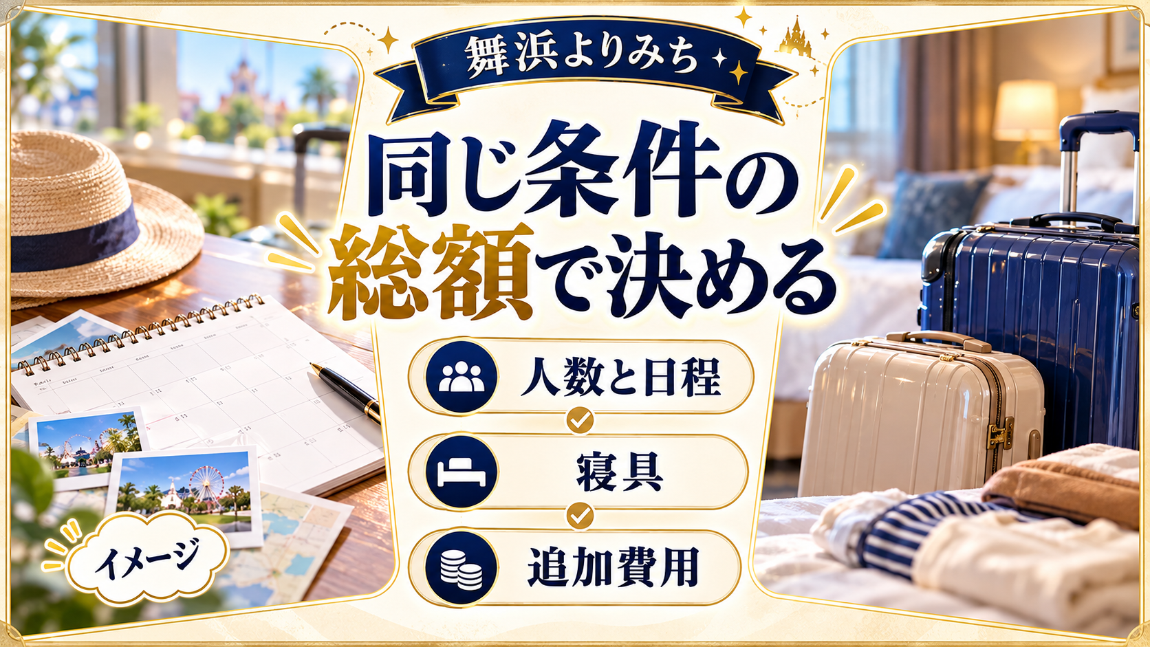 同じ条件の総額で決めるについて、人数と日程・寝具・追加費用を整理した図解