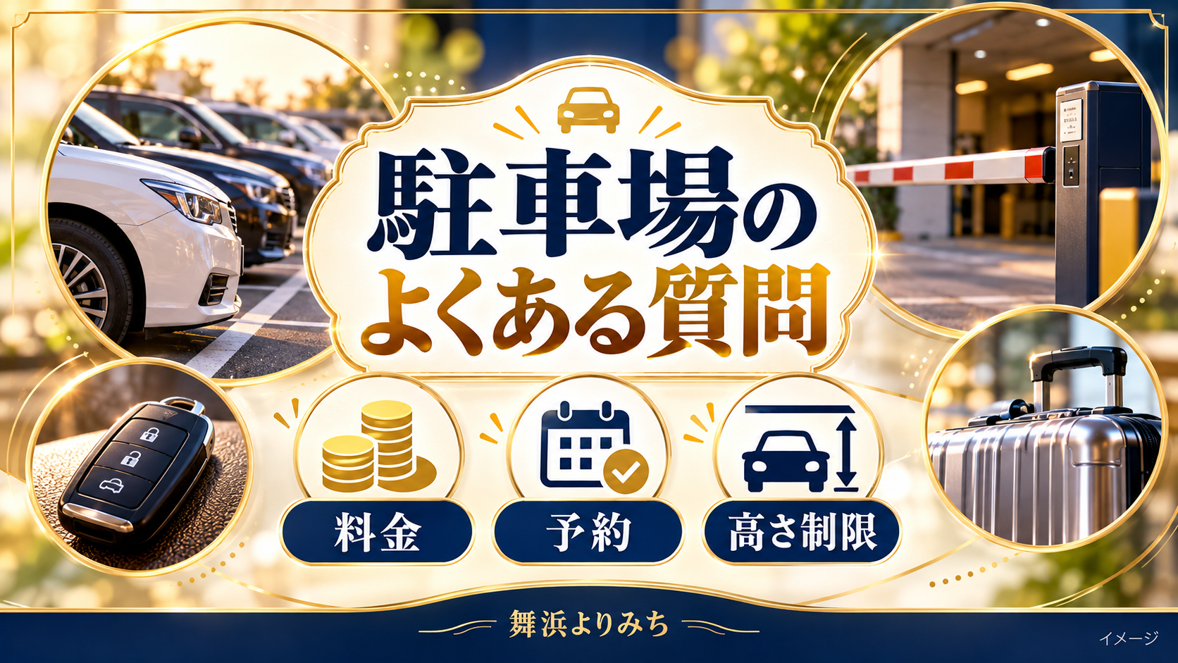 駐車場のよくある質問について、料金・予約・高さ制限を示す図解