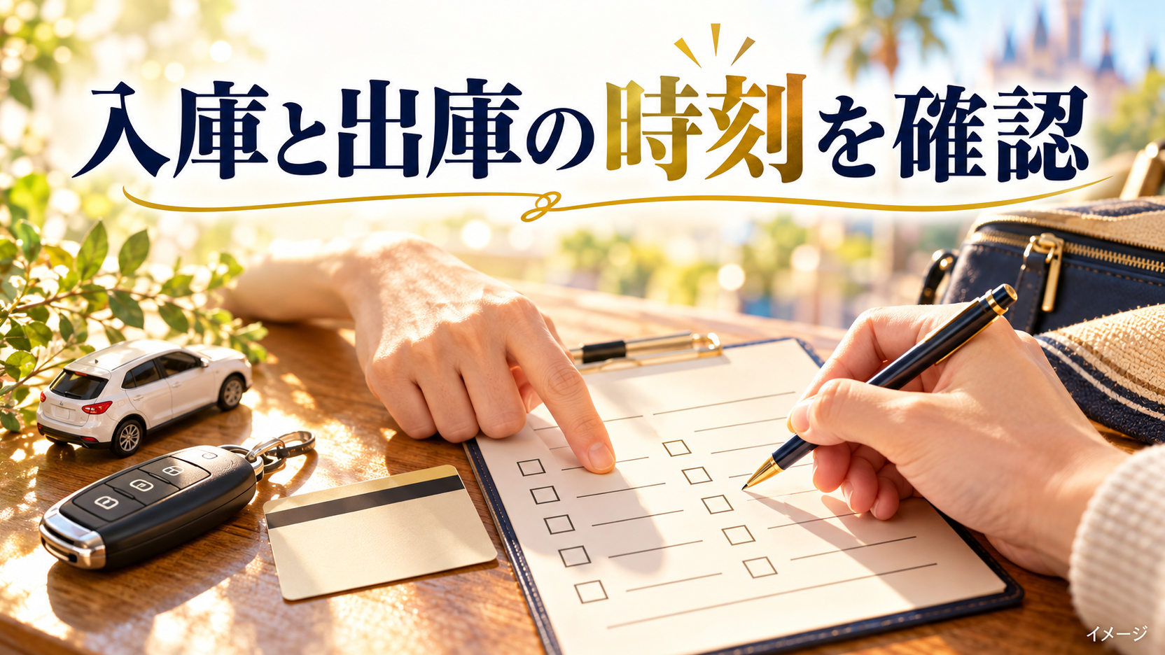 手元のチェックリストと車の鍵と駐車券で準備する内容を確認するイメージ