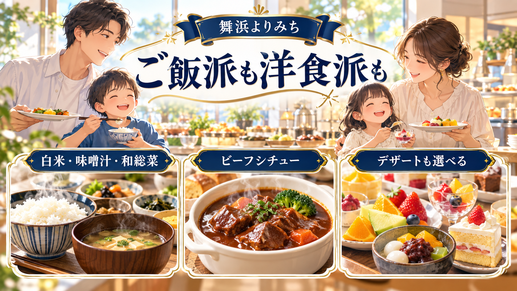 chawan朝食の白米・味噌汁・和総菜、ビーフシチューとデザートをまとめたイメージ図