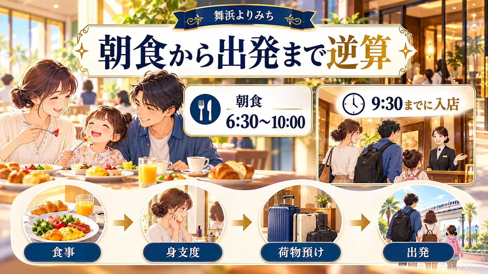 朝食の開始時刻と入店期限を確認し、身支度と荷物預けから出発を逆算する図