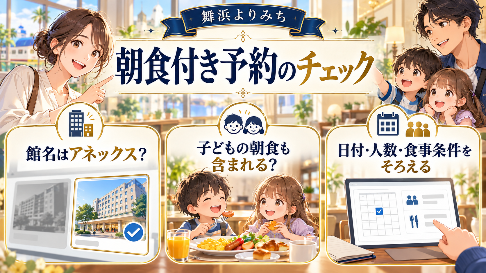 朝食付きプランを予約する前に館名、子どもの食事、日付と人数を確認する図