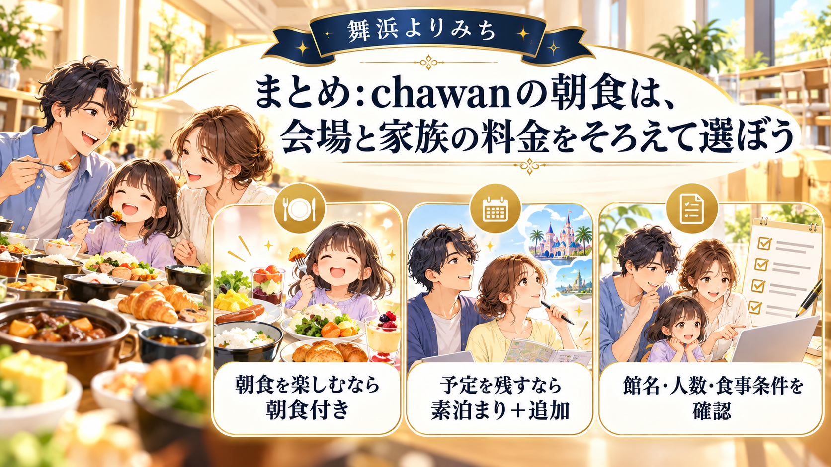朝食付きと素泊まりへの朝食追加を、家族の朝の予定に合わせて選ぶまとめ図