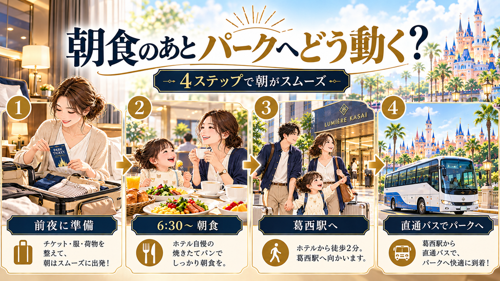 ホテルルミエール葛西:「朝食のあとパークへ向かう朝はどう動けばいいのか?」の案内イラスト