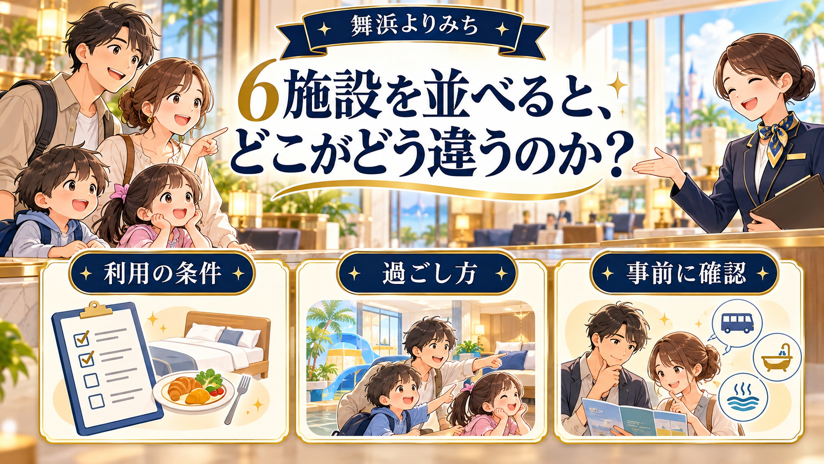 6施設を並べると、どこがどう違うのかの確認ポイントを図解したイメージ