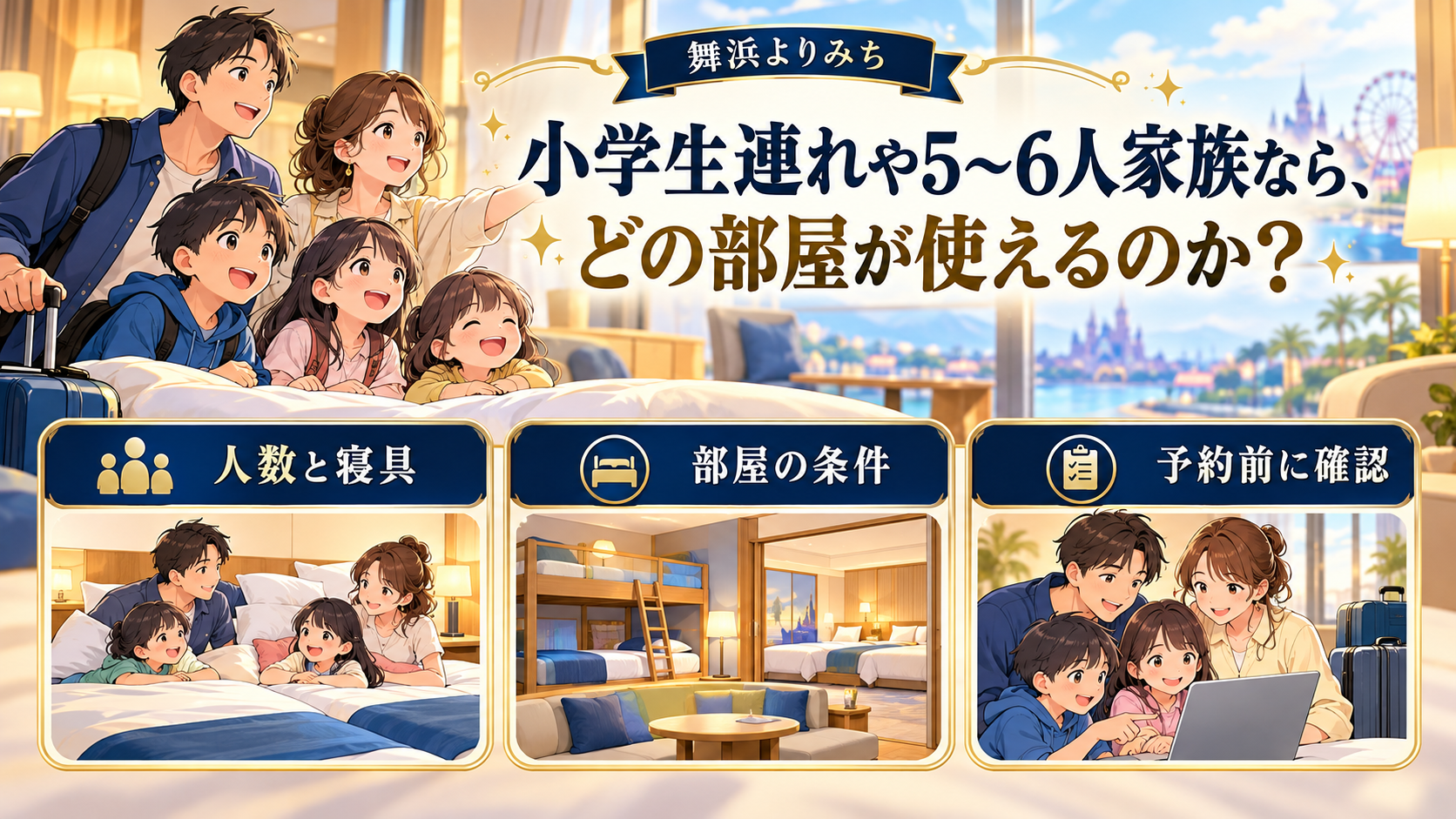 小学生連れや5〜6人家族なら、どの部屋が使えるのかの確認ポイントを図解したイメージ