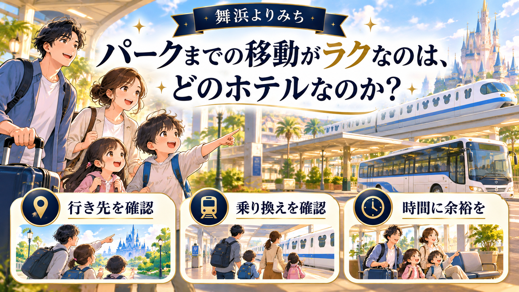 パークまでの移動がラクなのは、どのホテルなのかの確認ポイントを図解したイメージ