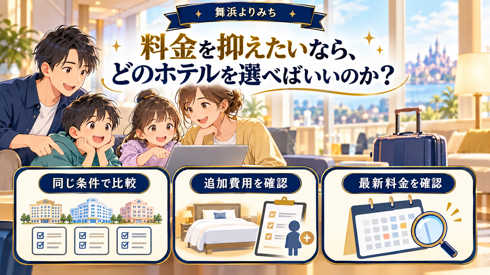 料金を抑えたいなら、どのホテルを選べばいいのかの確認ポイントを図解したイメージ