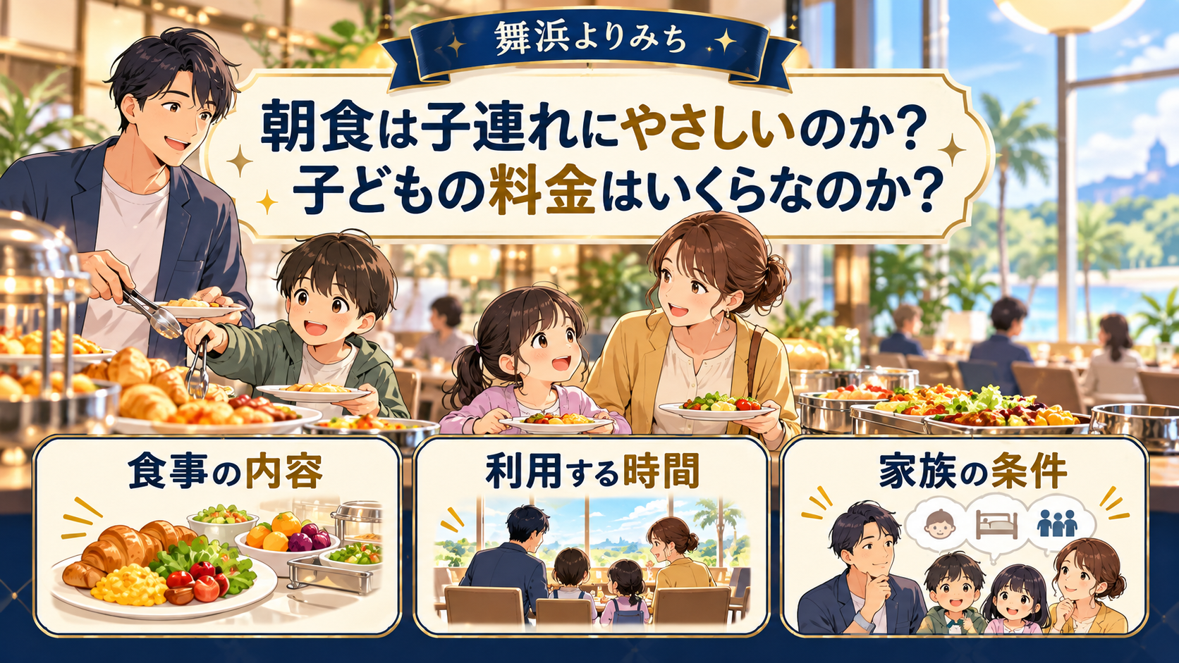 朝食は子連れにやさしいのか子どもの料金はいくらなのかの確認ポイントを図解したイメージ