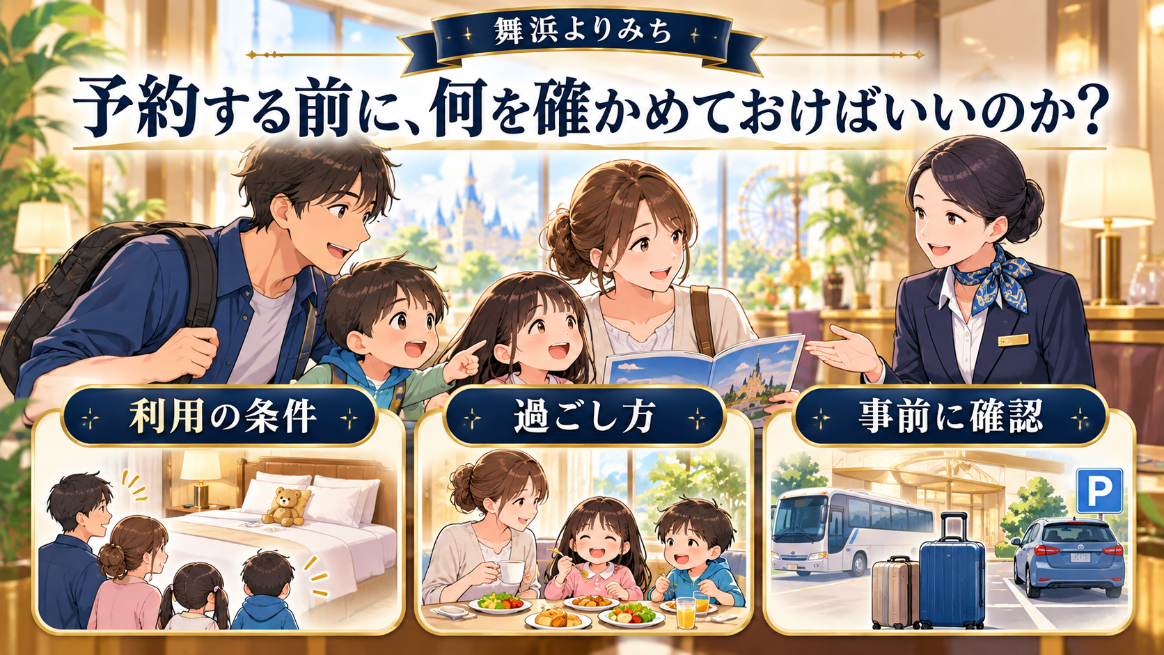 予約する前に、何を確かめておけばいいのかの確認ポイントを図解したイメージ