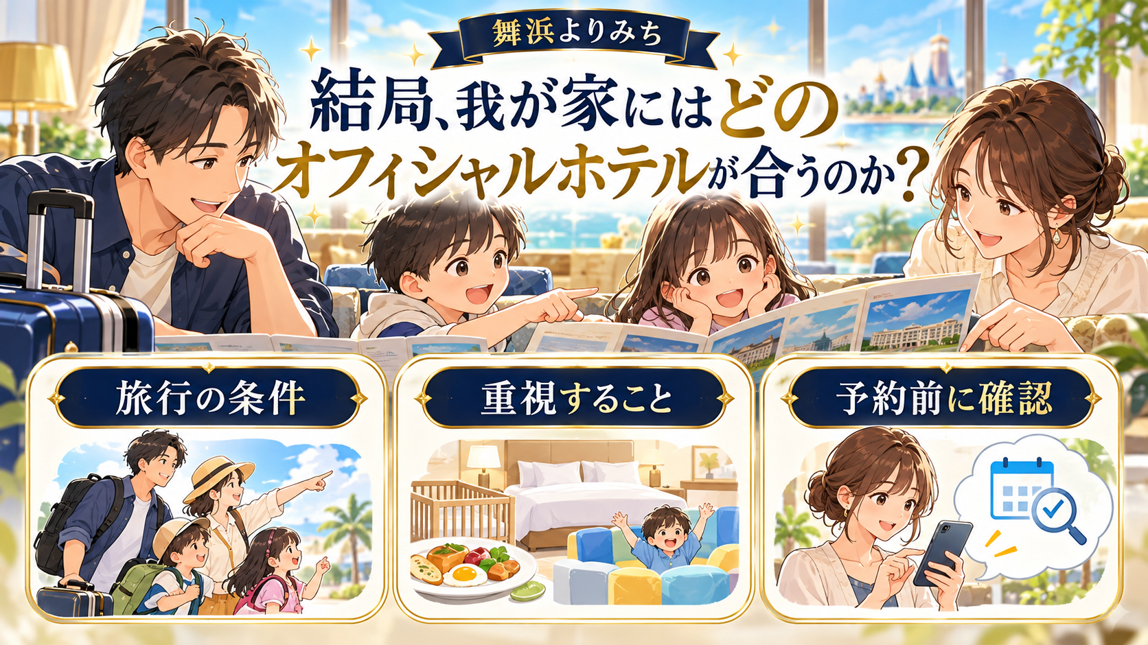 結局、我が家にはどのオフィシャルホテルが合うのかの確認ポイントを図解したイメージ